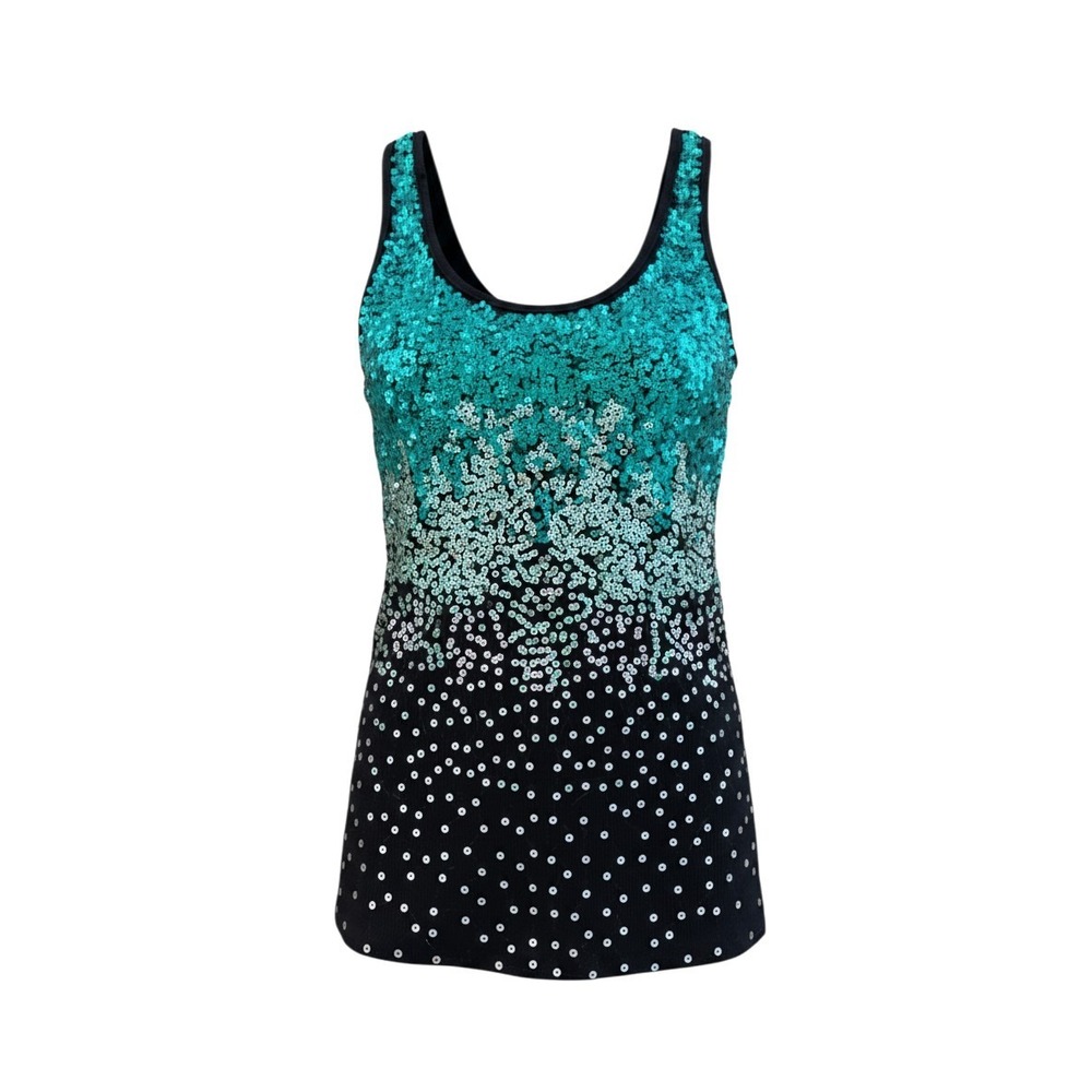 Dots Womens Ombre Sequin Ribbed Tank Top Teal Silver Black Scoop Neck Size Small